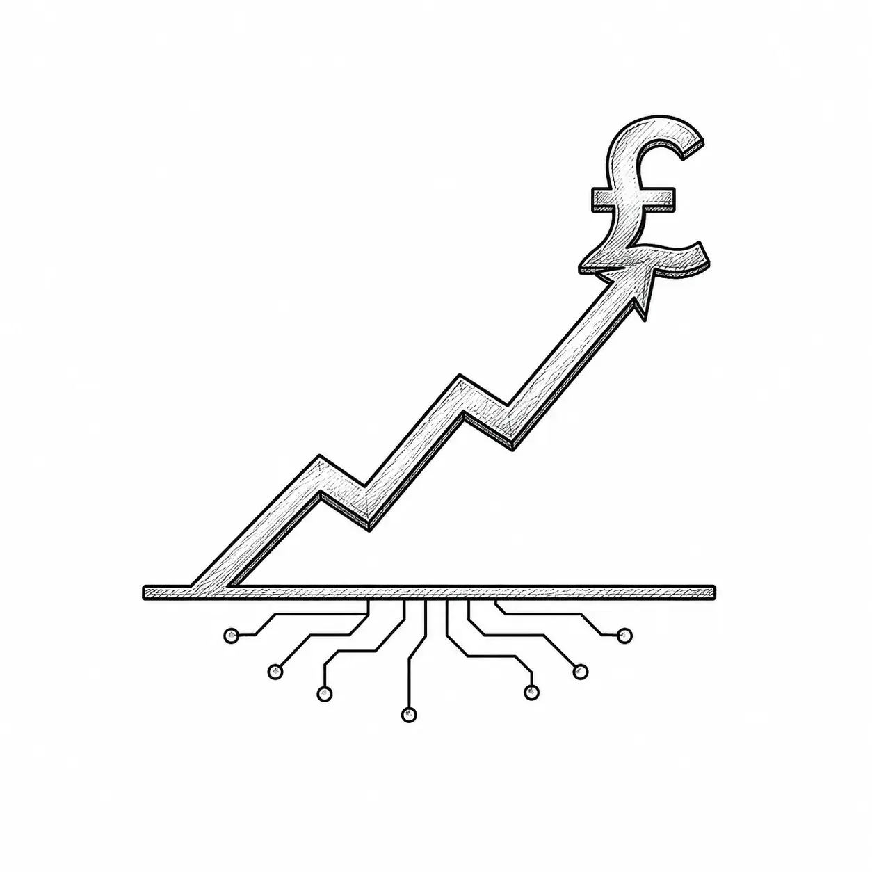 Hand-drawn rising graph tipped with a pound sign, circuit roots below